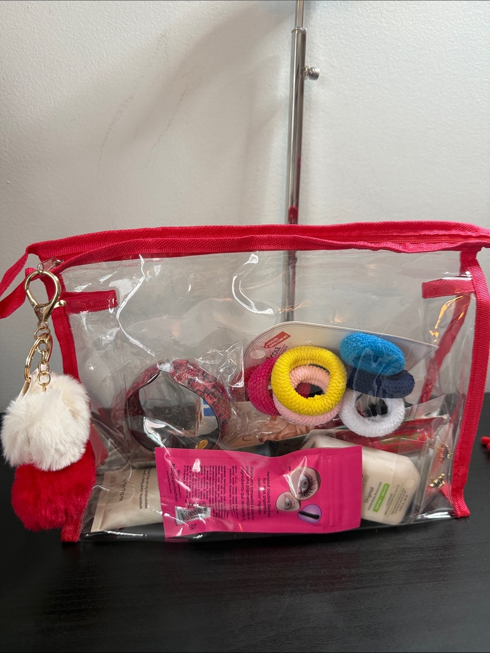 Clear Makeup Bag with Pom Keychain